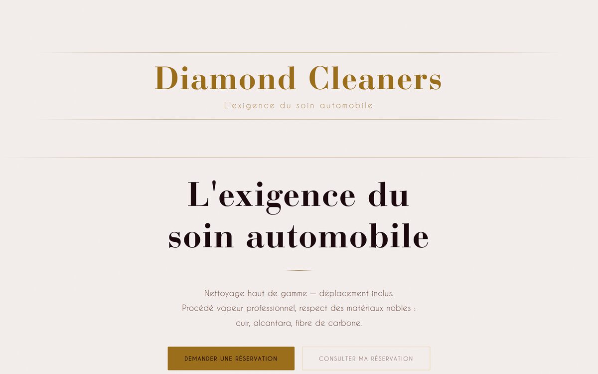 Accueil du site Diamond Cleaners : titre, promesse et bouton de réservation