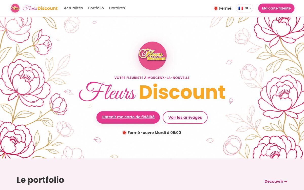 Accueil du site Fleurs Discount : logo, horaires en direct et accès à la carte de fidélité